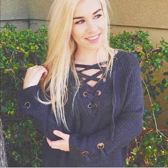 Lace-Up oversized Sweater Tunic - Charcoal Grey - Picture 3 of 7